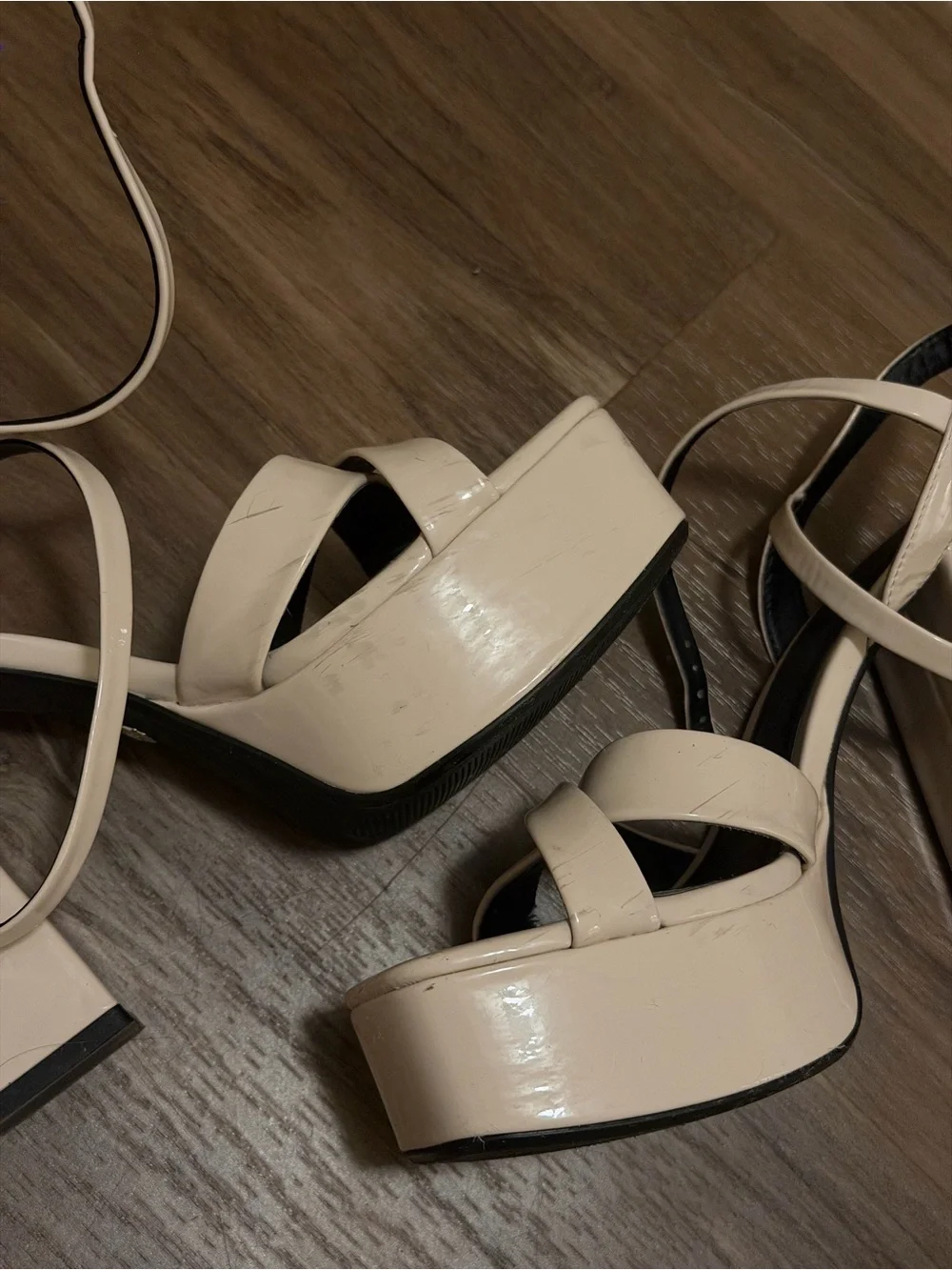 Zara Cream Patent Platform Block Heel Sandals